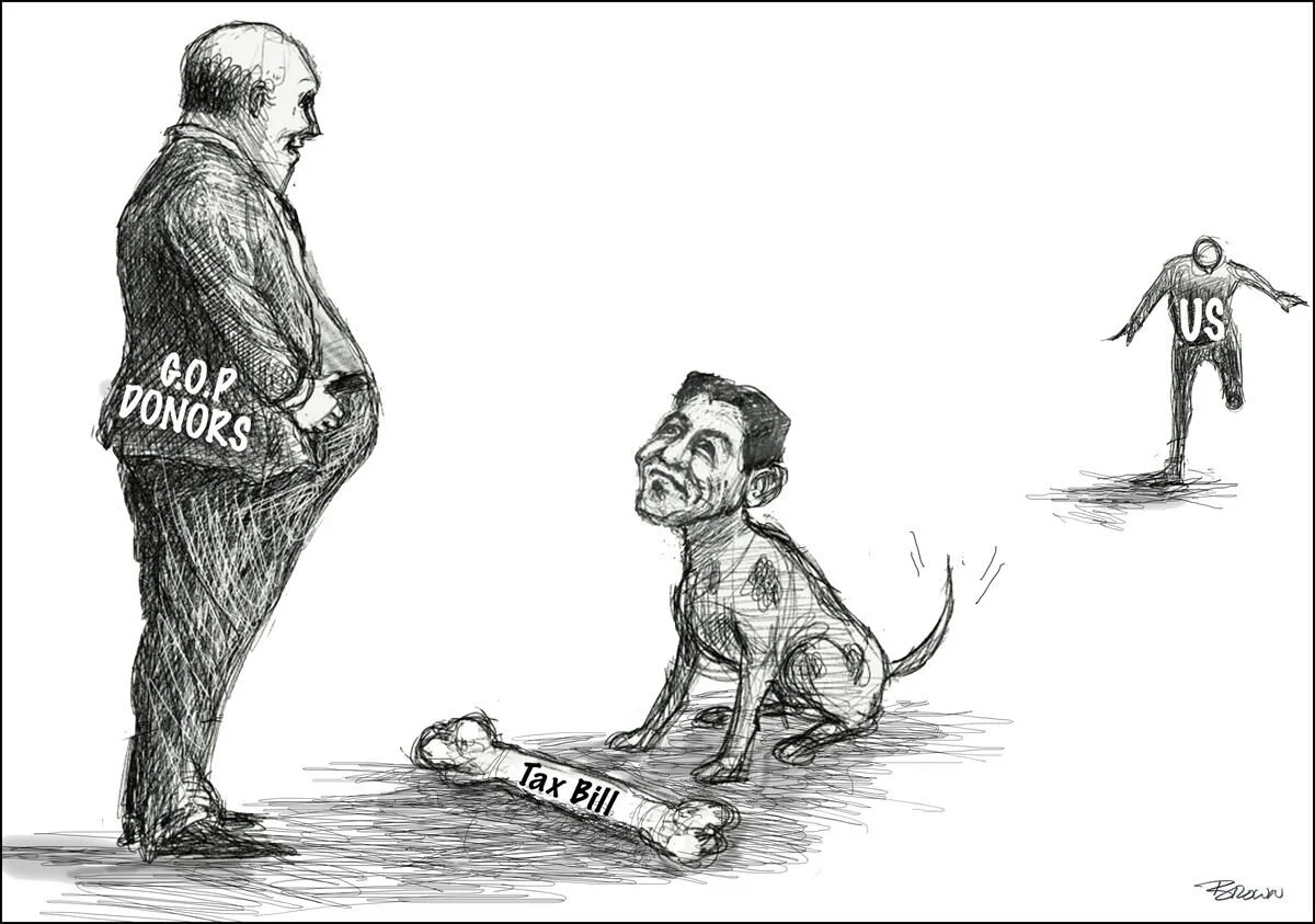 A political cartoon showing a man labeled 'GOP Donors' standing confidently in front of a dog with a human face sitting next to a bone labeled 'Tax Bill.' In the background, a figure labeled 'US' is falling or jumping.