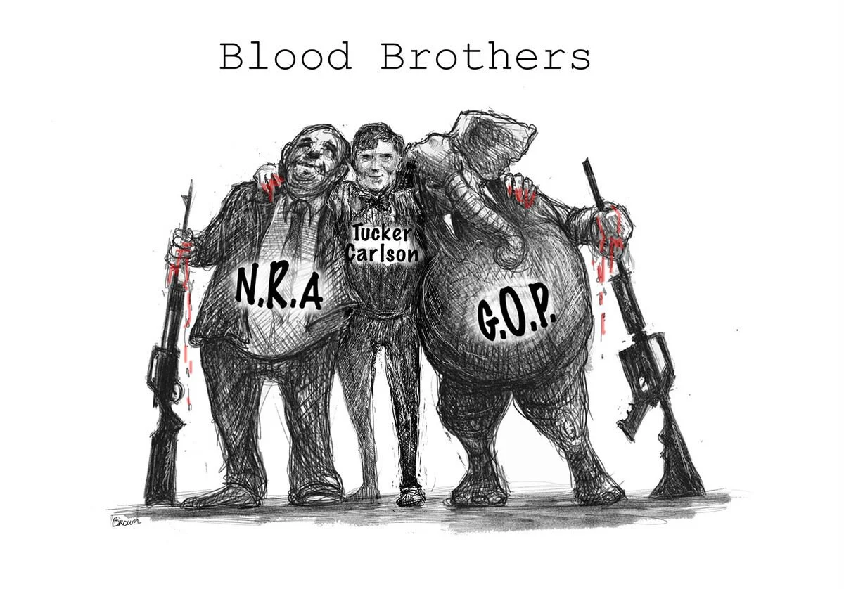 A black and white political cartoon illustration labeled 'Blood Brothers' depicting three characters: a caricatured person representing the NRA with guns and red blood on their hands, a person labeled 'Tucker Carlson' in the middle, and a person repr