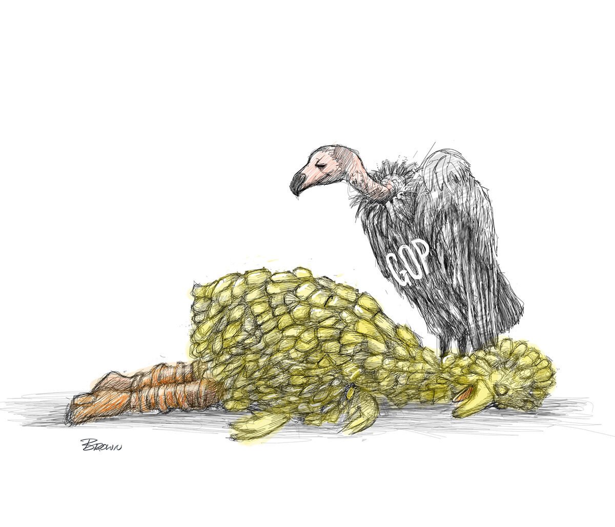 A drawing of a vulture with the word 'GOP' on its chest, standing over a dead, partially eaten animal, possibly a dog or fox, with a yellowish, fluffy body and a curled tail.
