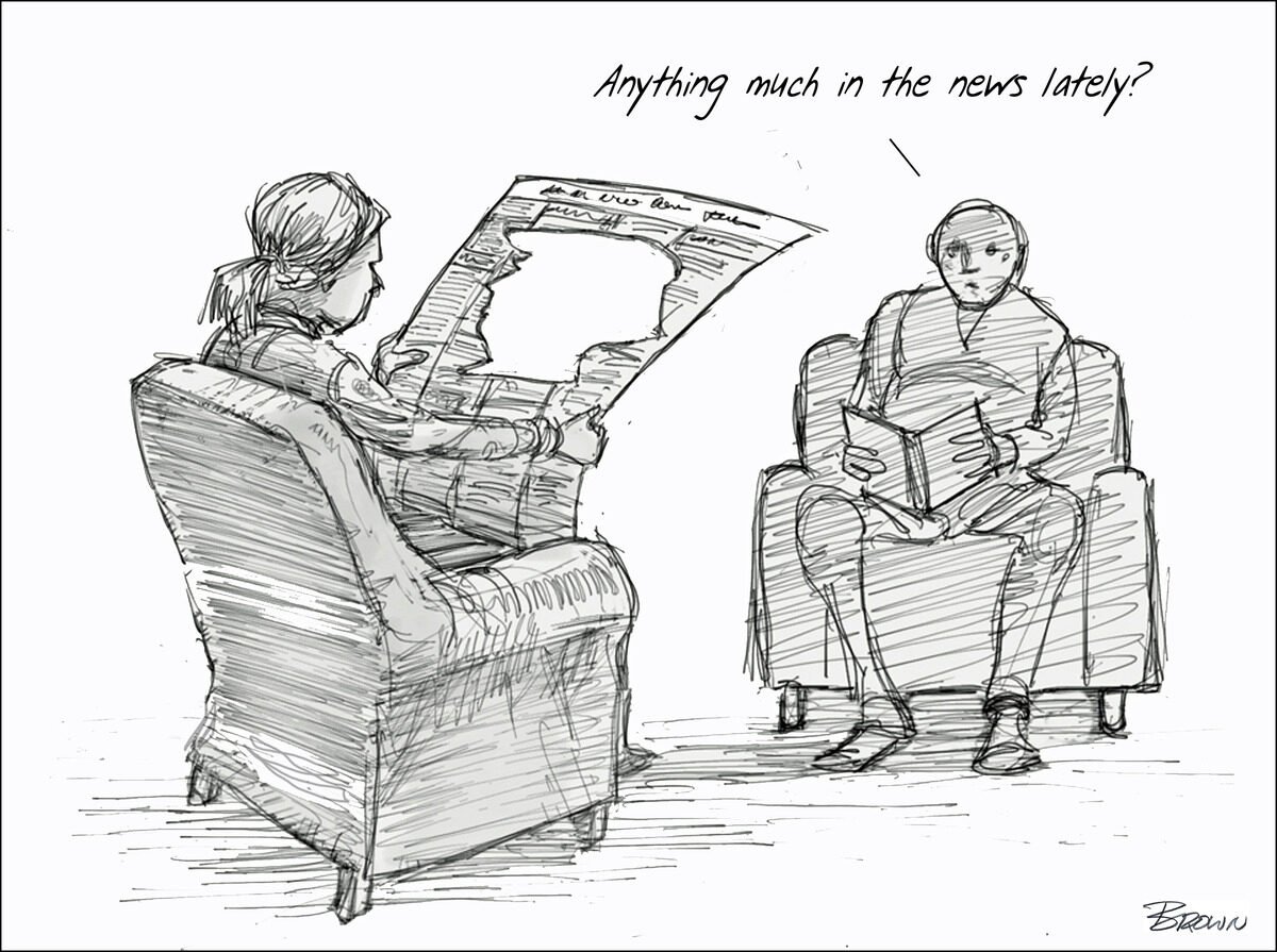 A sketch of two people in an interview setting. One person is sitting in a big armchair, reading from a paper, while the other person is sitting in a smaller armchair, holding a tablet or notebook, and asking, 'Anything much in the news lately?'