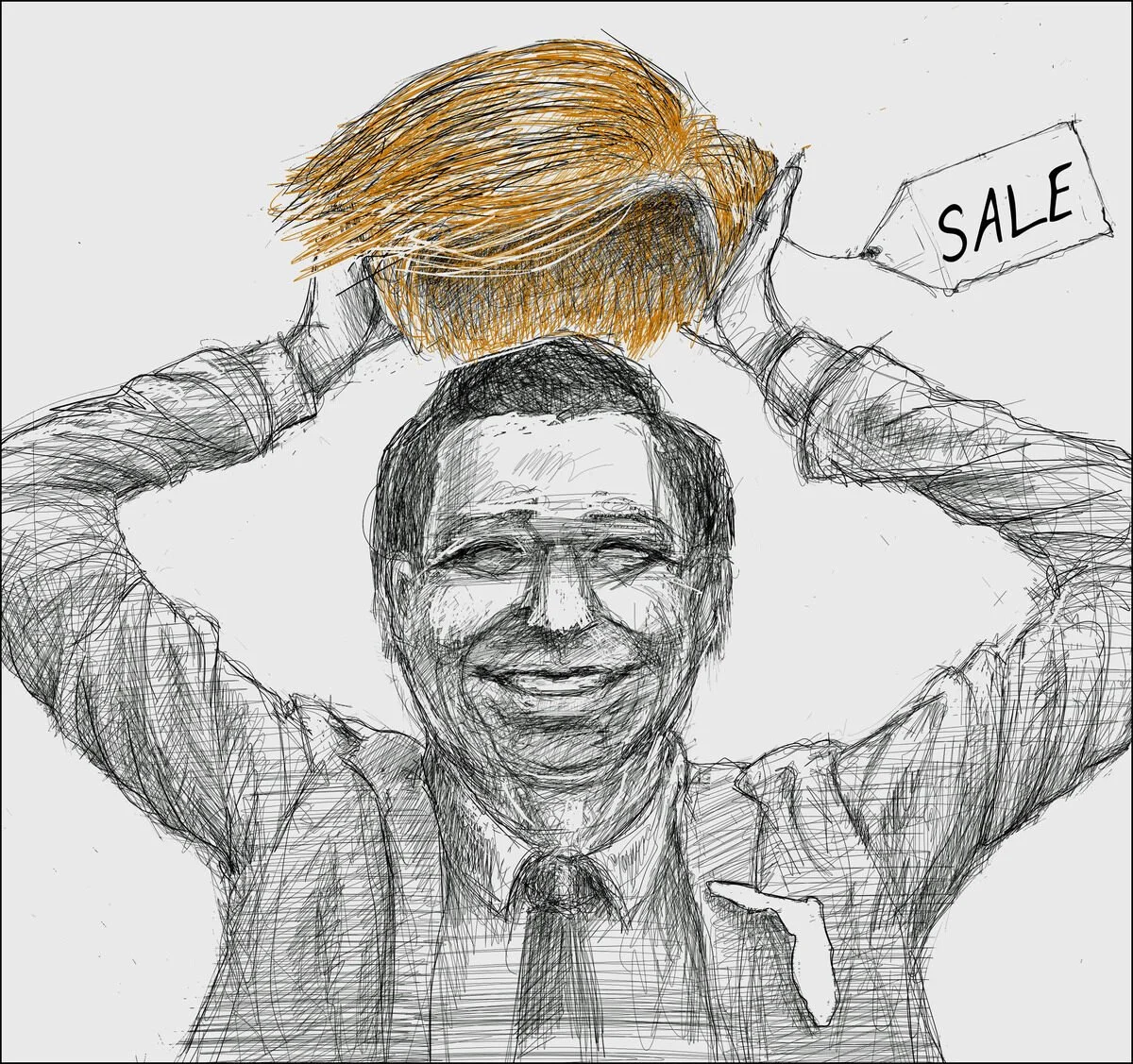 Drawing of a man smiling with glasses, holding his head with both hands. He has a ballot with a 'SALE' sign hanging from it above his head, and a nose painted on his shirt.