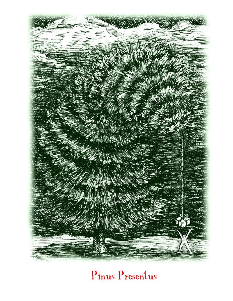 Black and white illustration of a large pine tree labeled 'Pinus Presentus' at the bottom. A person is sitting on a branch holding a long stick attached to a box, which dangles from the tree.