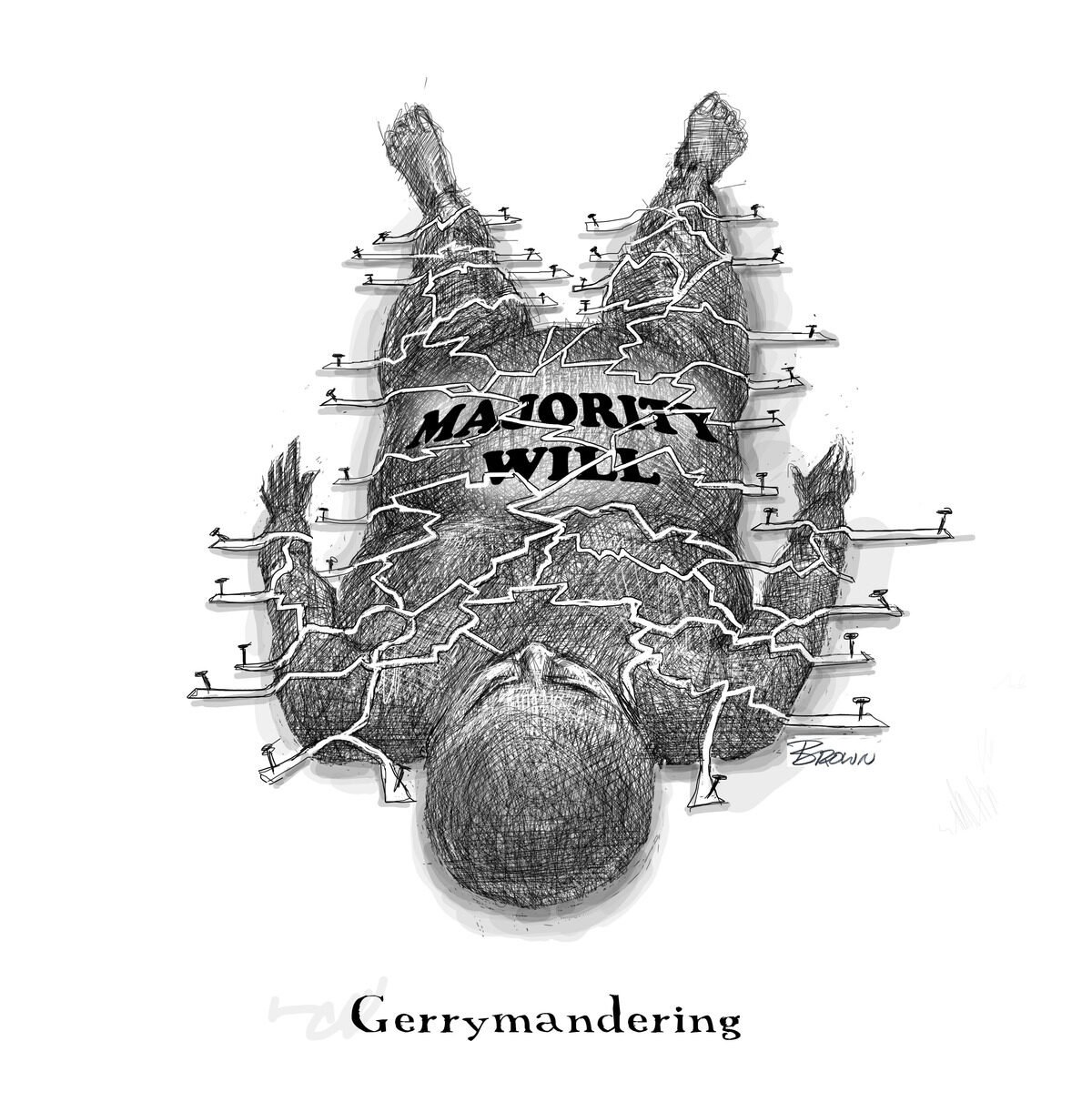 A black and white sketch of a person lying on their back with their eyes closed. Their body is overlaid with a World map outline and the word 'Gerrymandering' at the bottom, suggesting political district manipulation.