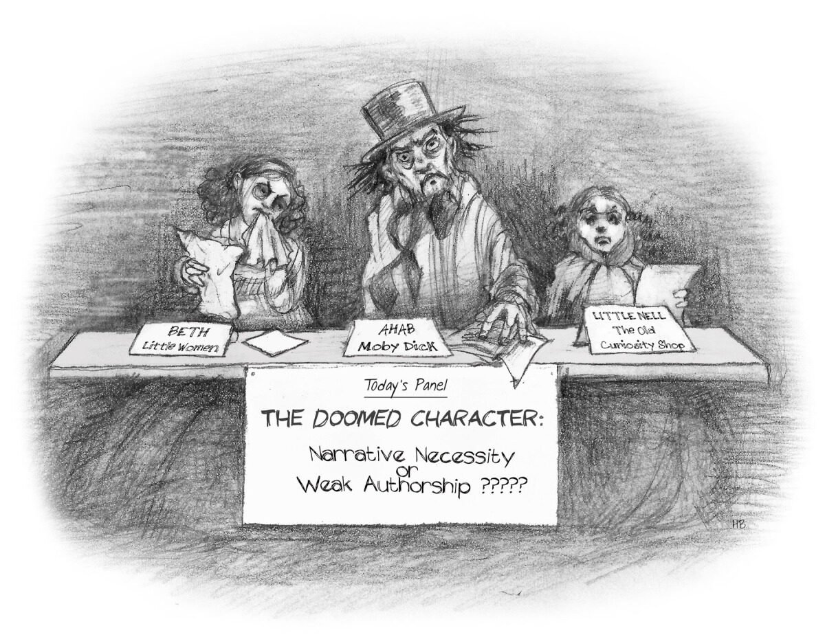 A black-and-white sketch of three characters sitting at a panel table. The middle character wears a tall top hat, has wild hair, and a beard. The character on the left is labeled Beth Little Women, holding a bag. The character on the right is labeled