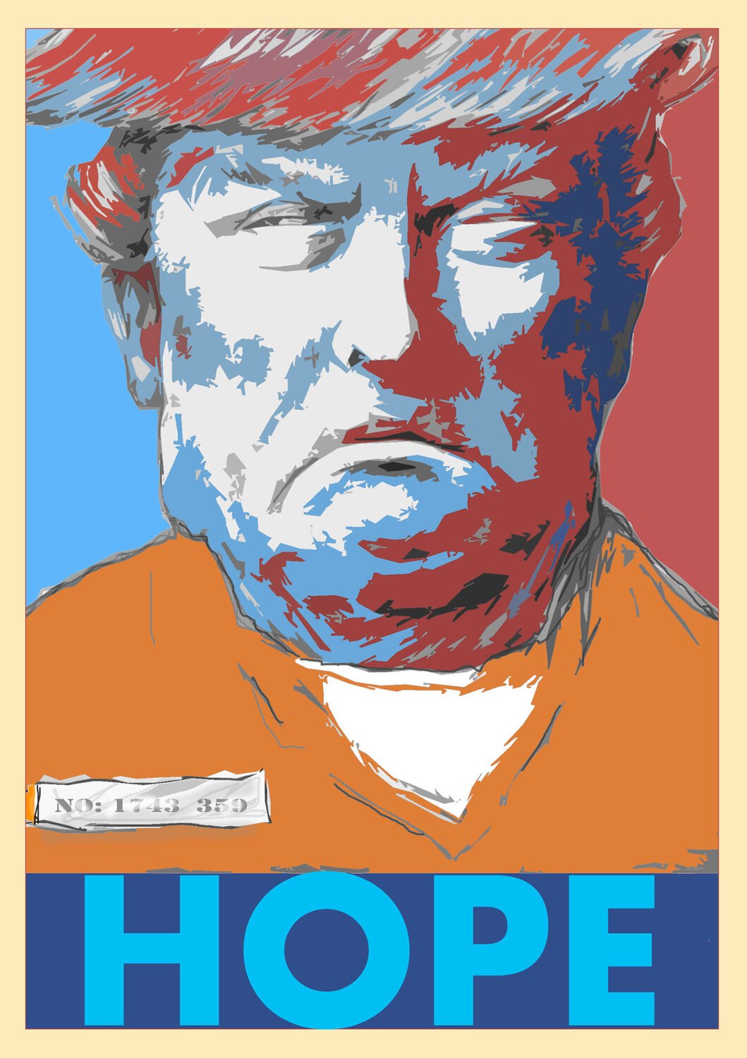 A stylized portrait of a man with glasses, wearing an orange shirt, with the word "HOPE" in large blue capital letters below him.