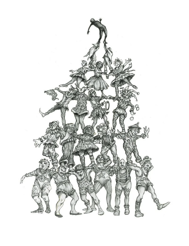 A drawing of a human pyramid made up of people wearing clown costumes.