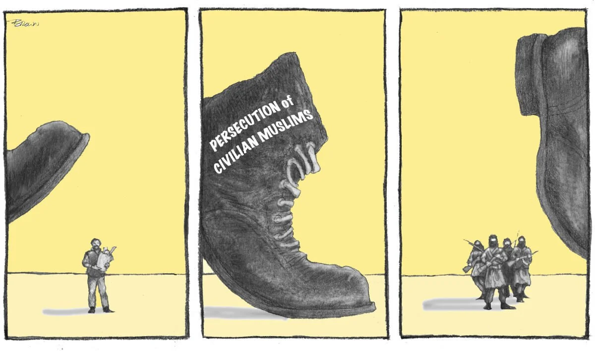 A three-panel cartoon showing a small person reading a newspaper in the first panel, a giant boot labeled "Persecution of Civilian Muslims" about to crush people in the second panel, and in the third panel, the same tiny person and a group of men in 