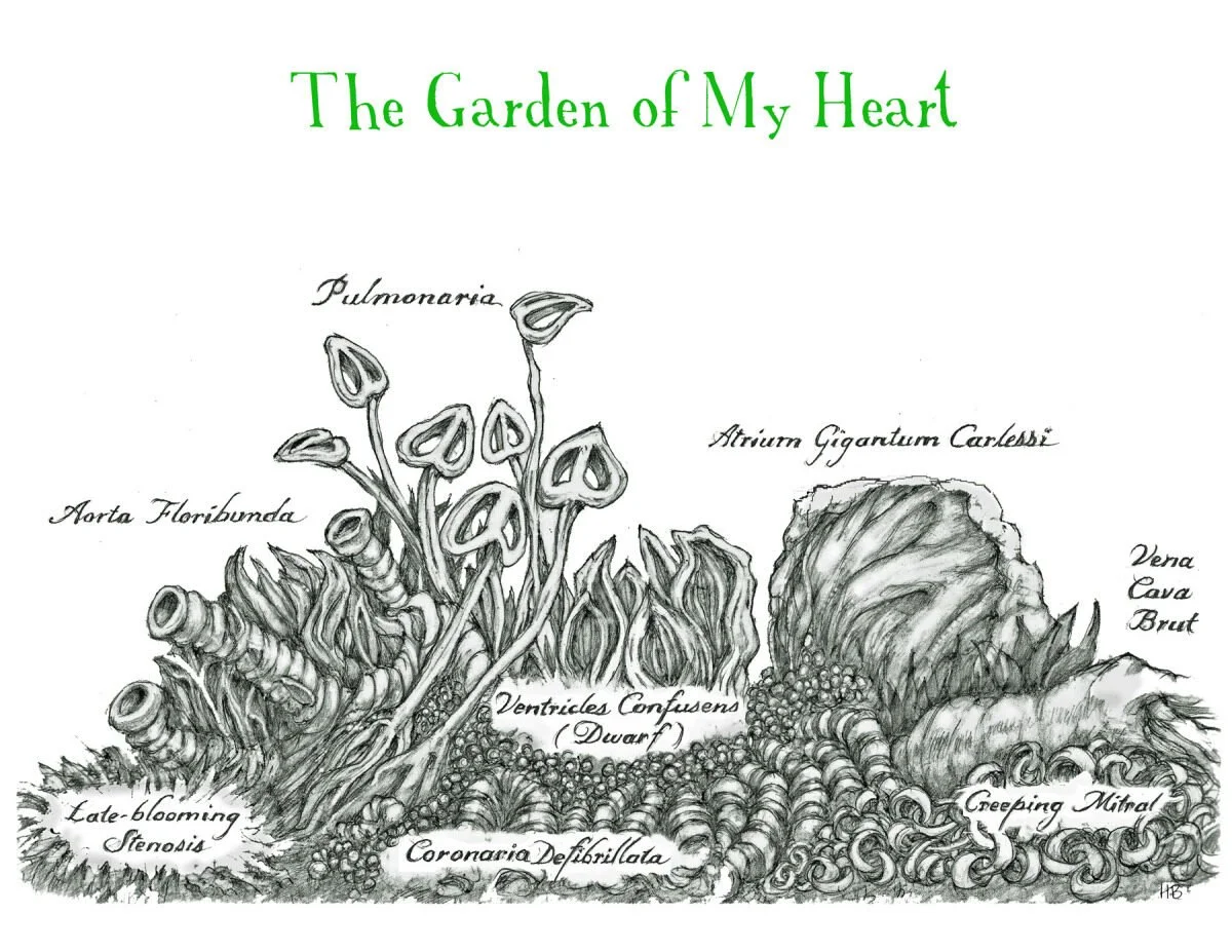 A detailed black-and-white drawing titled 'The Garden of My Heart,' depicting a surreal garden with various anatomical and organic elements labeled, including lungs, heart, and aorta.