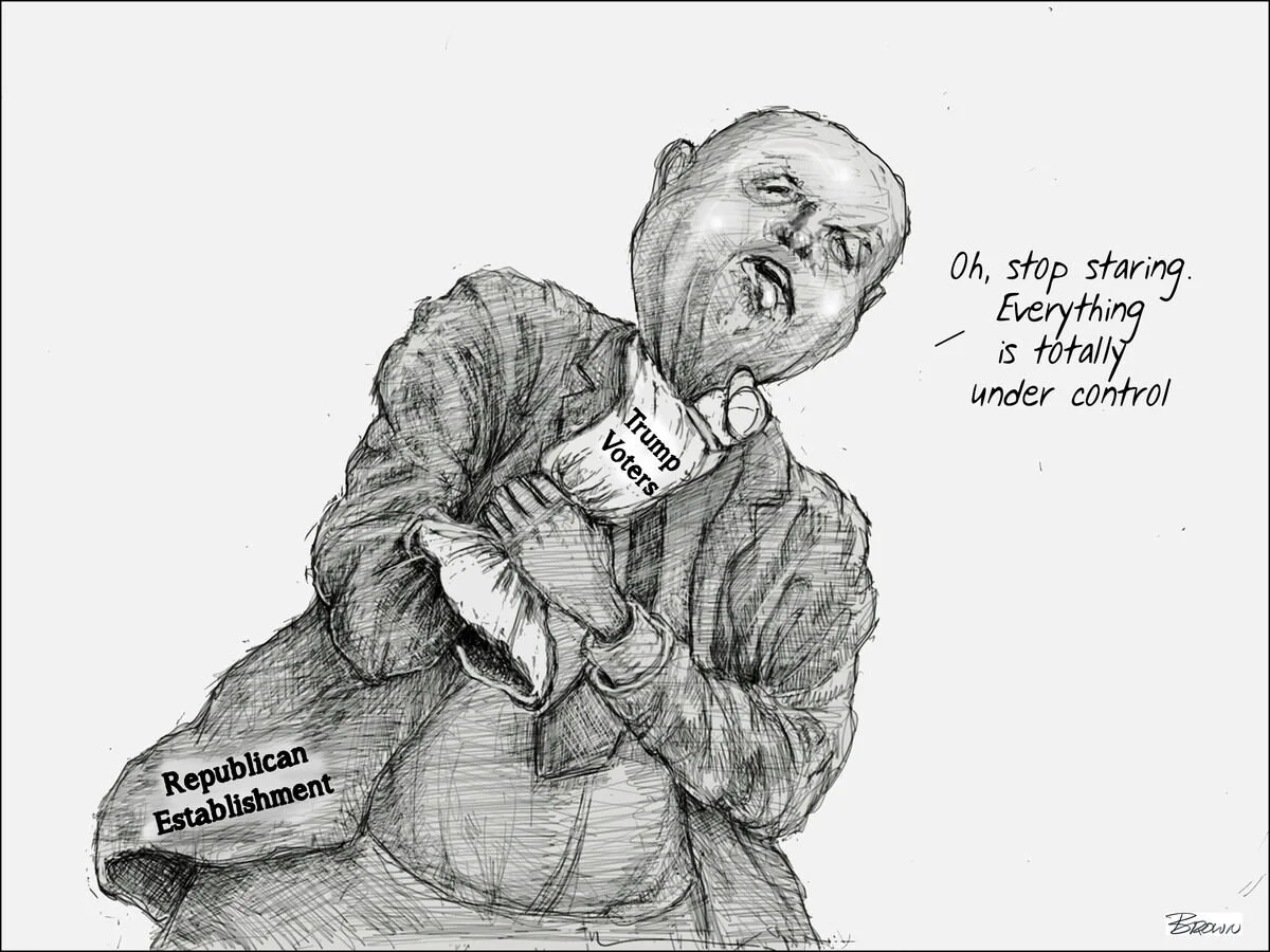 A political cartoon shows a person with the face of Donald Trump, holding a bottle labeled "Trump Voters" to their chest, with a tear streaming down their face, and a speech bubble saying "Oh, stop staring. Everything is totally under control." The p