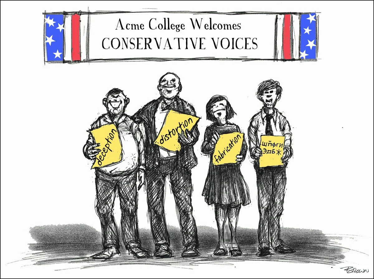 Sketch of four people holding yellow papers with words: 'deception,' 'distortion,' 'fabrication,' and a word in Cyrillic, standing under a banner that reads 'Acme College Welcomes Conservative Voices' with red, white, and blue patriotic decorations.