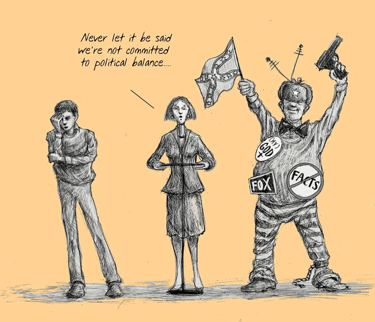 Drawn political cartoon featuring three figures: a worried young person, a neutral woman speaking, and an exaggerated figure with a TV, puppeteer controls, and labels like 'FOX' and 'FACTS', holding a gun and a flag, with a speech bubble from the wom