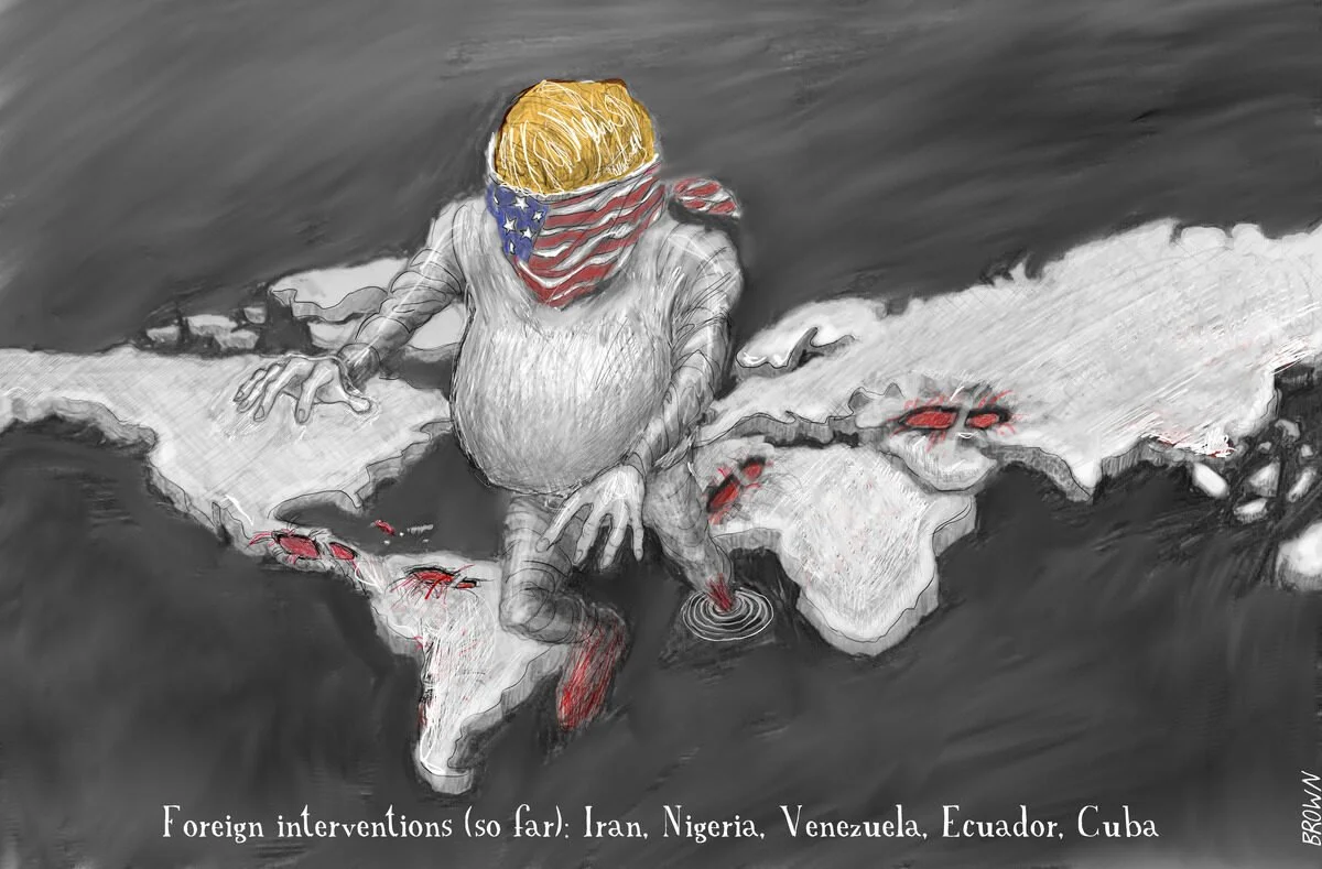 A caricature of a person with a caricatured head, wearing a bandana with the American flag, sitting on the map of South America. The map shows countries like Colombia and Brazil, with red marks indicating foreign interventions. The background is dark