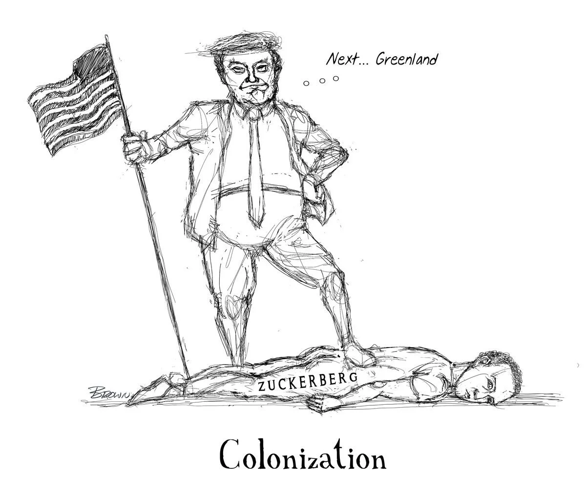 A political cartoon featuring a caricature of Elon Musk standing on a landmass labeled 'Zuckerberg' with a woman lying face down on the ground. Musk holds an American flag and has a thought bubble that says 'Next... Greenland.' The word 'Colonization