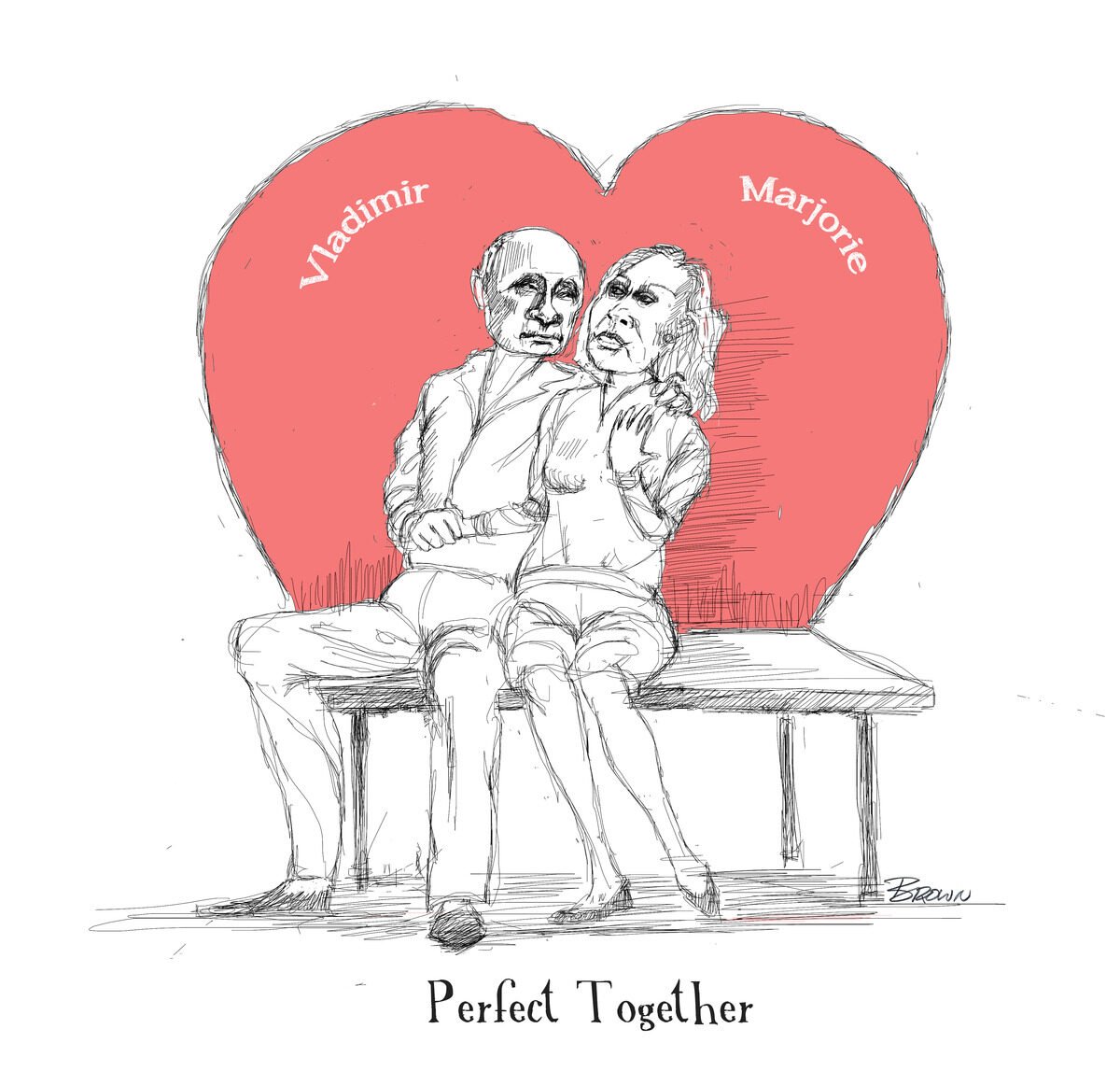 Sketch of a man and woman sitting closely on a bench with a large red heart behind them. The heart has the names 'Vladimir' and 'Marjorie' written on it. The caption reads 'Perfect Together'.