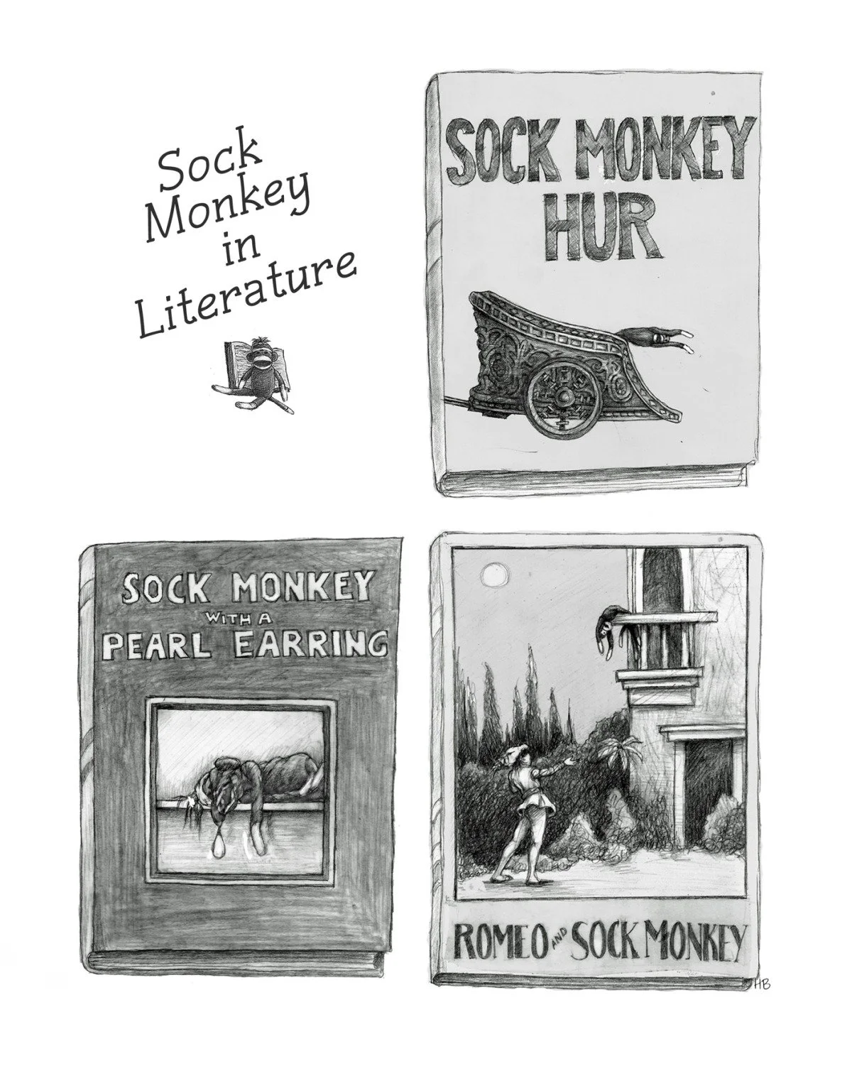 A series of illustrations referencing books and movies, with a focus on a sock monkey character. The top image shows a book titled "Sock Monkey Hur" with a cart in the illustration. The left image displays a book titled "Sock Monkey with a Pearl Earr