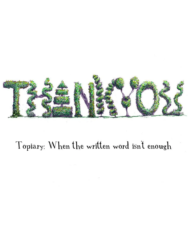 Illustration of the word 'Tensions' created from small green and purple plants, with a caption reading 'Topiary: When the written word isn't enough.'