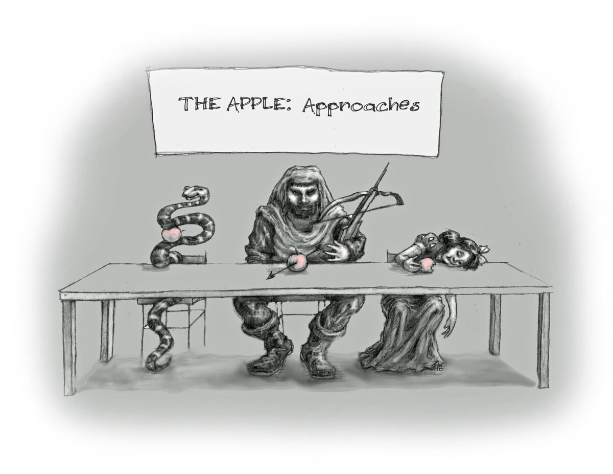 A black and white drawing with a sign that says 'THE APPLE: Approaches' at the top, featuring a snake, a woman, and a bearded man seated at a table. The snake is coiled to the left, the man in the middle is holding a bow and arrow, and the woman on t