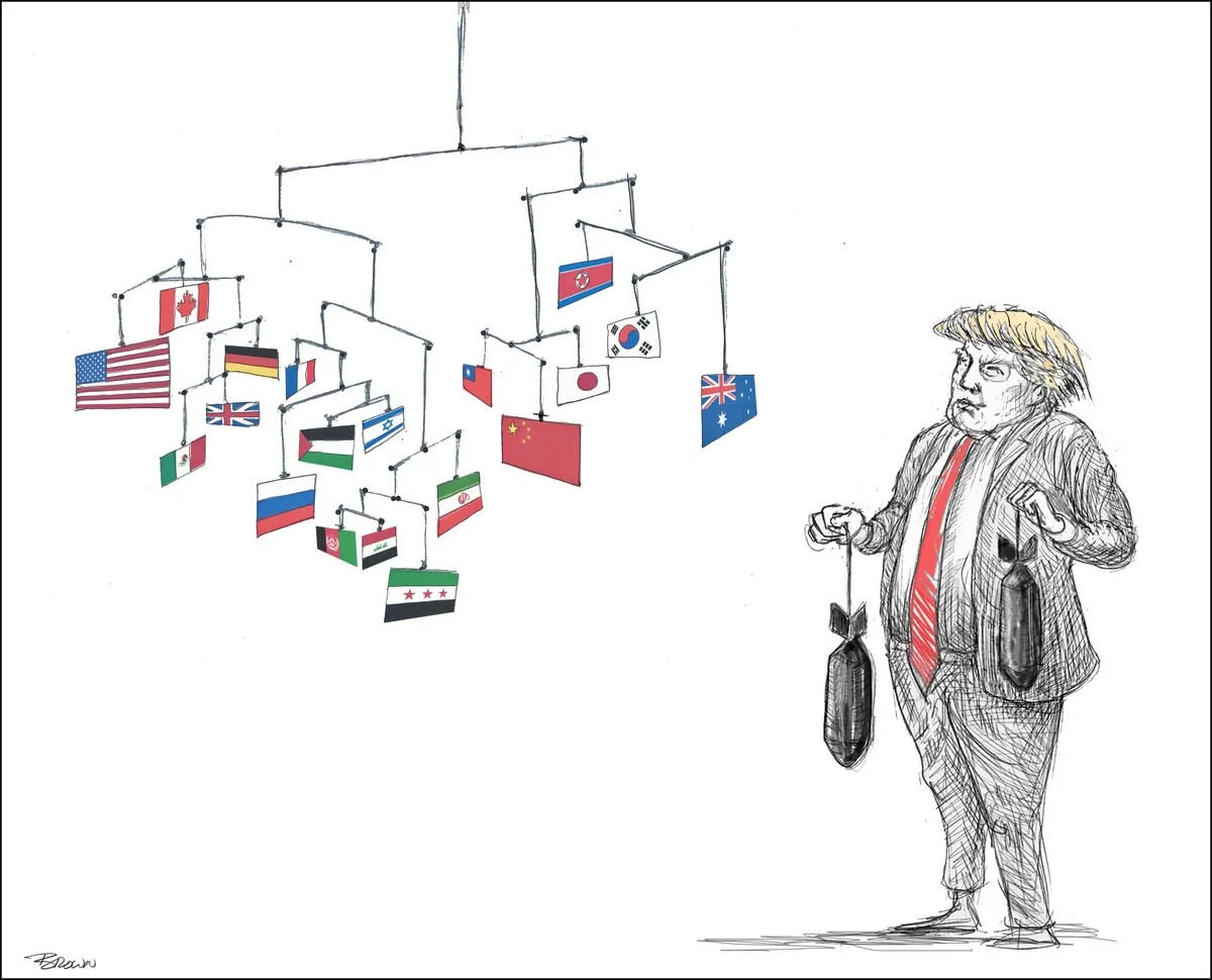 A sketch of a man in a suit with a red tie holding a bomb in a bag, standing next to a chart of international flags. The flags include the United States, Canada, Germany, France, Israel, China, Japan, South Korea, the United Kingdom, Australia, and s