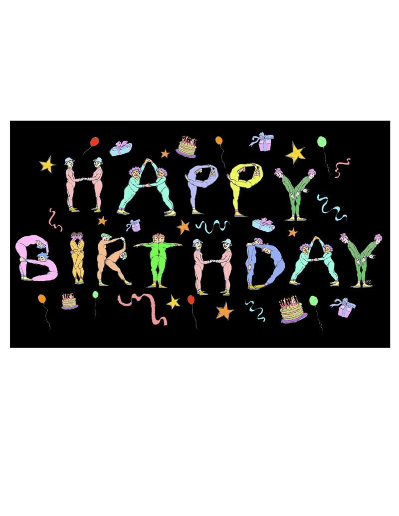 Colorful illustration spelling "HAPPY BIRTHDAY" with children forming the letters, surrounded by balloons, stars, presents, and cakes on a black background.
