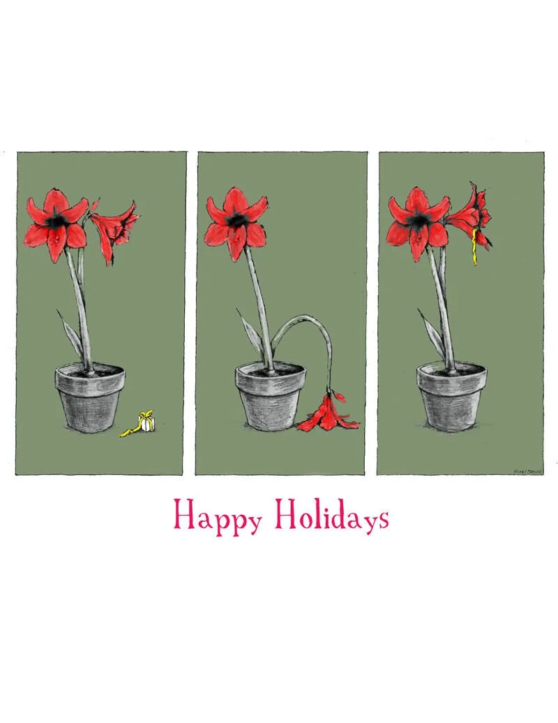 A three-panel cartoon of a potted red flower changing over time, with the message 'Happy Holidays' below.