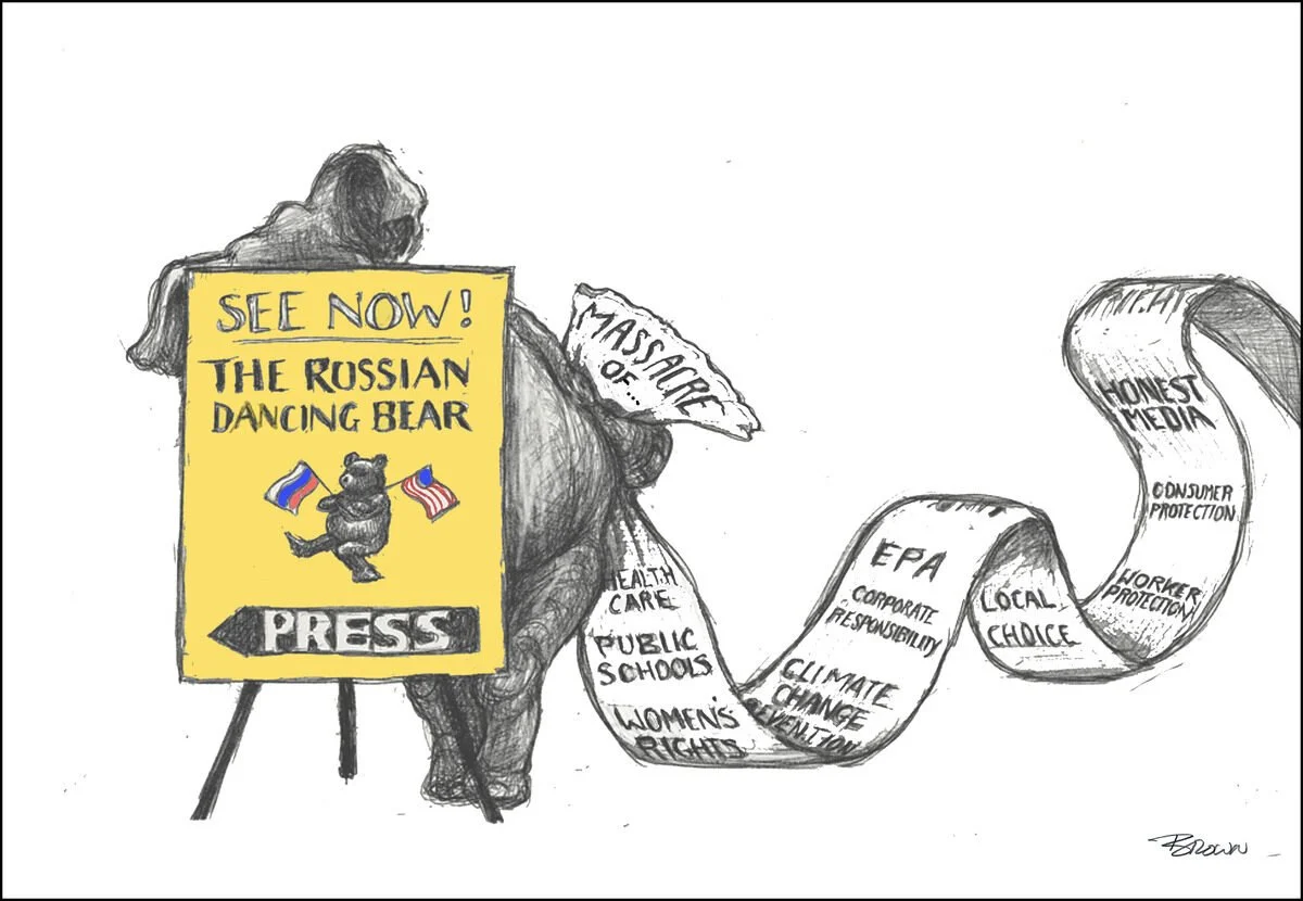 Drawing of a person holding a newspaper, walking past a sign that says 'See Now! The Russian Dancing Bear.' The person is walking on a long ribbon with words related to environmental and social issues, such as 'EPA,' 'Climate Change,' 'Health Care,' 