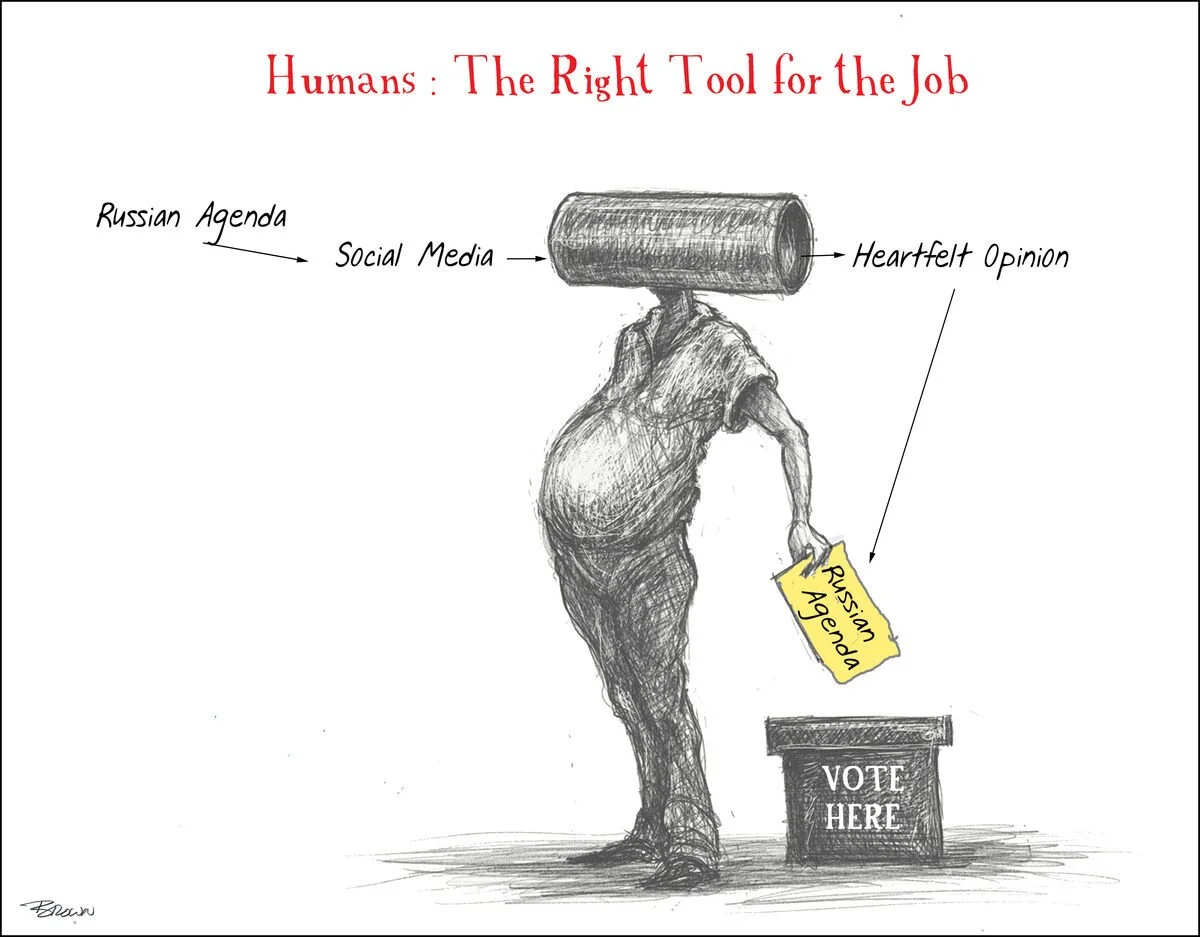 A caricature of a man with a large cylindrical object as his head, holding a sign that says 'Russian Agenda,' standing next to a ballot box labeled 'VOTE HERE.' The image has the caption 'Humans: The Right Tool for the Job' and arrows pointing to the