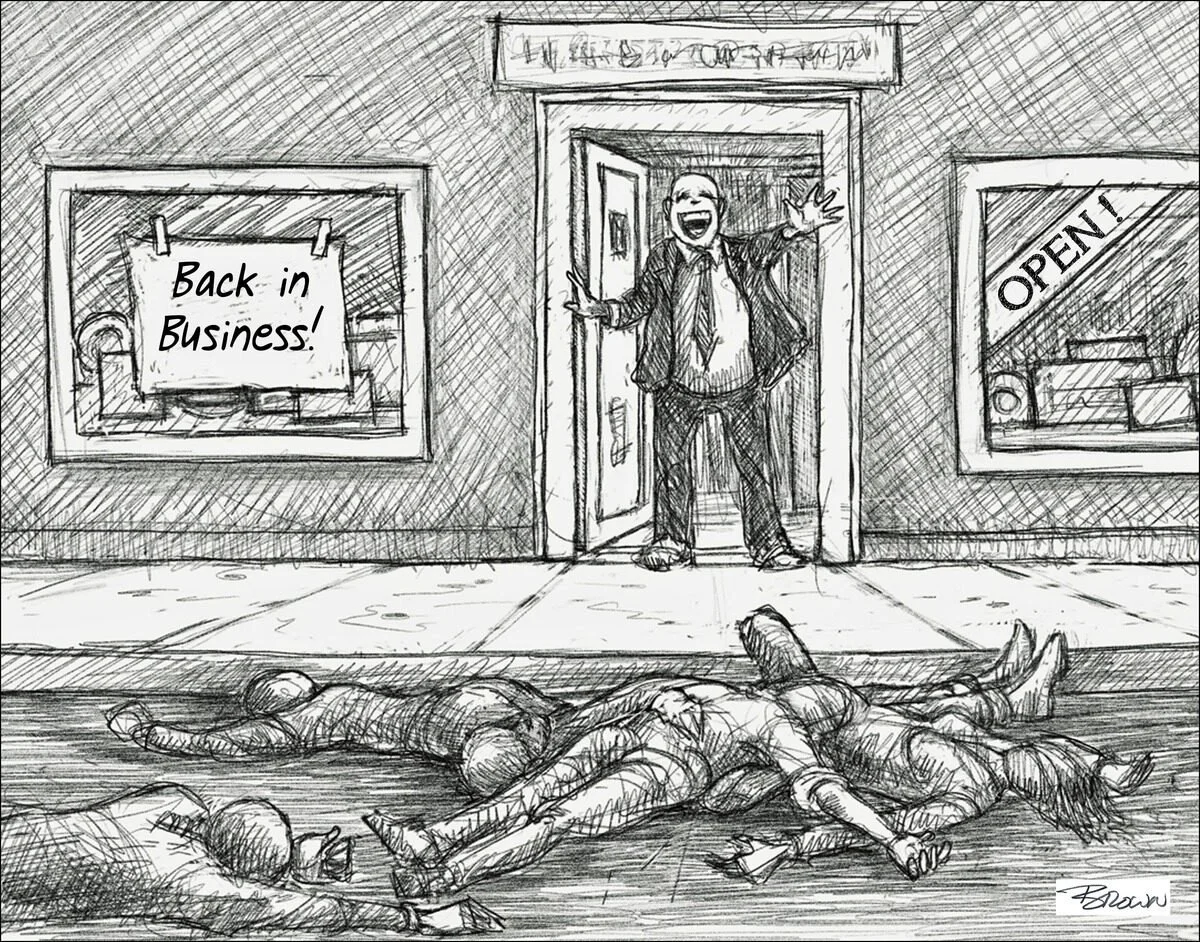 A sketch of a man standing in front of a storefront, smiling with open arms. The storefront has a sign in the window that says 'Back in Business!' and another window with an 'Open' sign. On the sidewalk, there are two people lying on the ground in fr