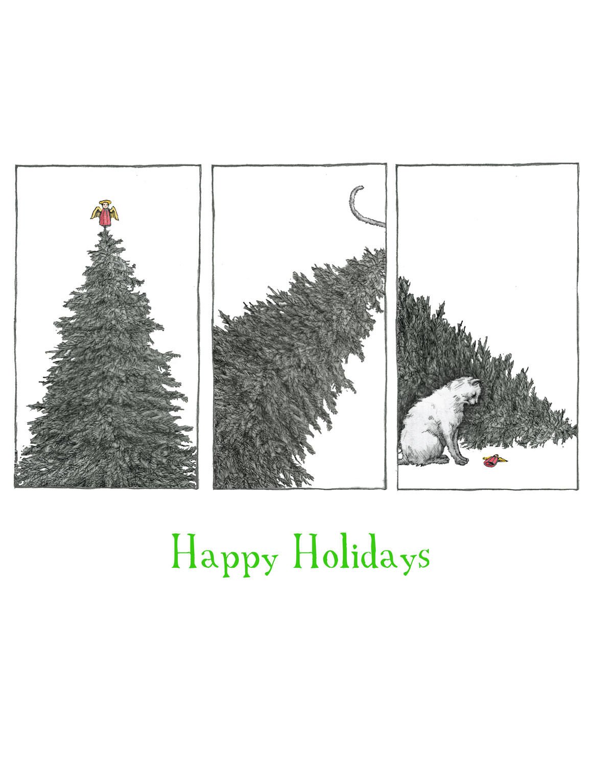 A three-panel comic illustration. The first panel shows a tall Christmas tree with a small angel ornament on top. The second panel shows the tree fallen over, with branches scattered. The third panel depicts a squirrel sitting next to a pile of branc