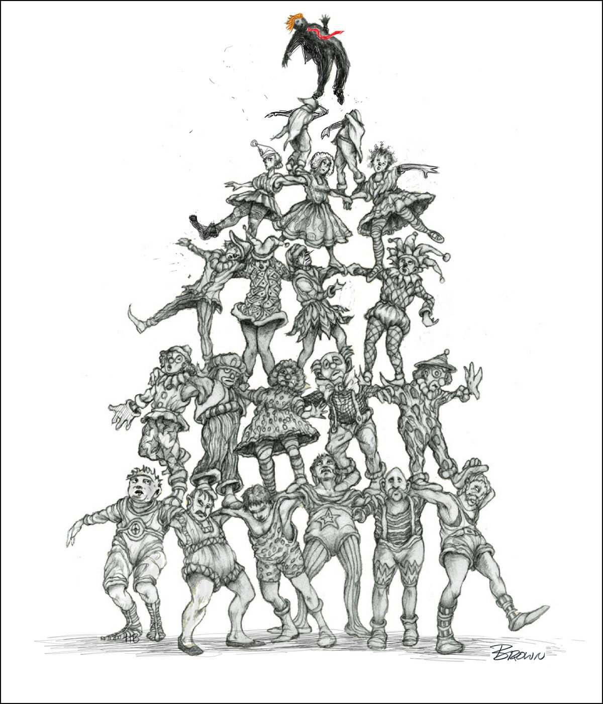 A black and white sketch of a human tower resembling a Christmas tree made of circus performers and clowns, with a clown at the top holding a whip.