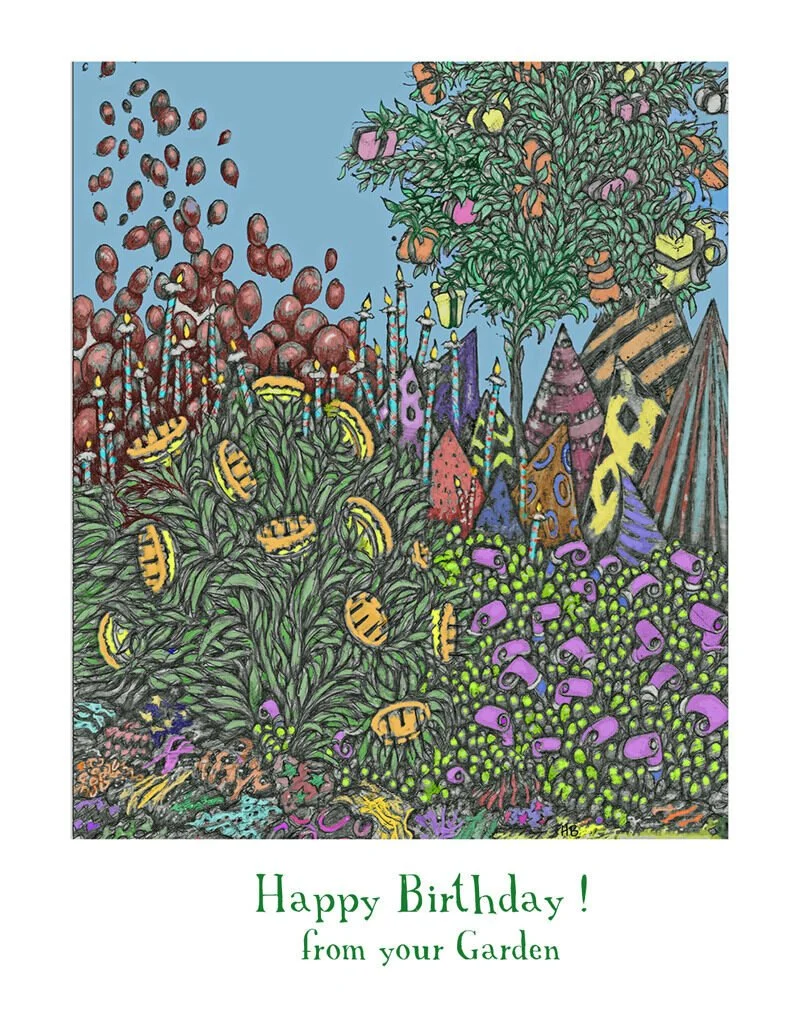 Colorful, whimsical garden scene with various plants, flowers, and trees, featuring bright yellow bananas, purple mushrooms, and some abstract structures, with a "Happy Birthday! from your Garden" message at the bottom.