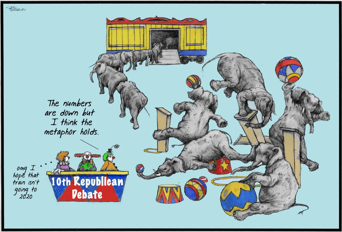 Cartoon depicting elephants juggling balls and walking through a circus tent, with a clown and two children in a box labeled '10th Republican Debate.' The elephants are shown unsteady as the numbers decline, and one elephant appears to be falling. A 