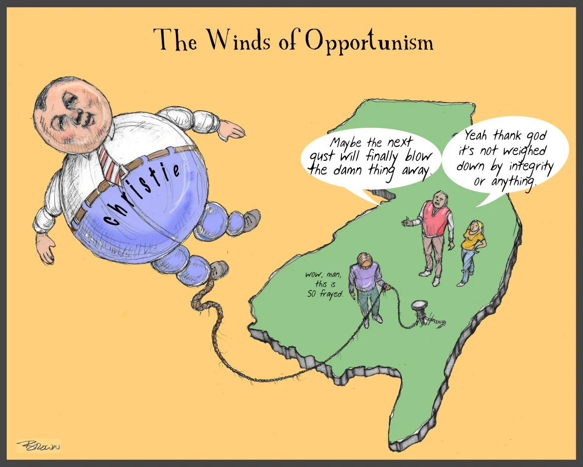 Cartoon illustration titled 'The Winds of Opportunism' showing a large, smiling man with a globe labeled 'chmistie' floating to the left, and three people on a piece of land resembling the shape of South America. One person is walking a dog and comme