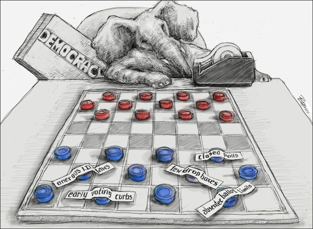 A dog blurred with motion, playing checkers on a table. The dog is holding a piece and appears to be making a move. There are several red and blue checkers on the board, with some cut pieces and labels indicating election-related issues such as 'earl
