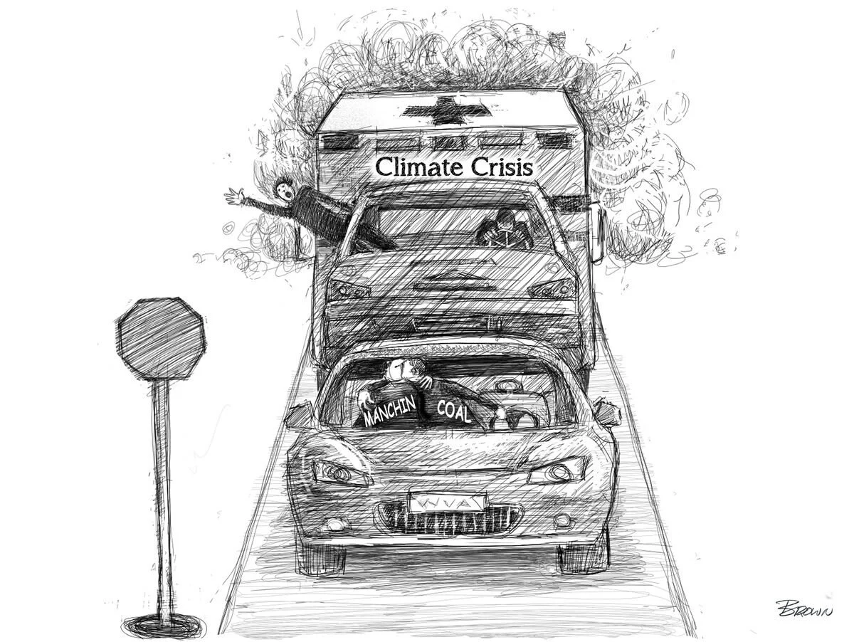 A sketch of a traffic jam with cars stacked up, a protester on the side raises a fist, and a sign on the lead car reads 'MANCHIN COAL'. A large truck in the background has a sign that says 'Climate Crisis' with smoke billowing from it.