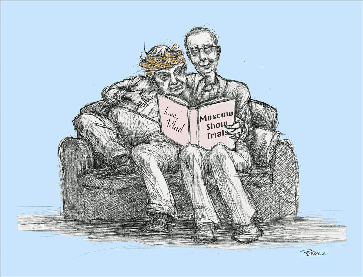 A sketch of an elderly couple sitting on a sofa, reading a book titled 'Moscow Show Trial.' The woman has blonde hair and the man wears glasses. The background is light blue.