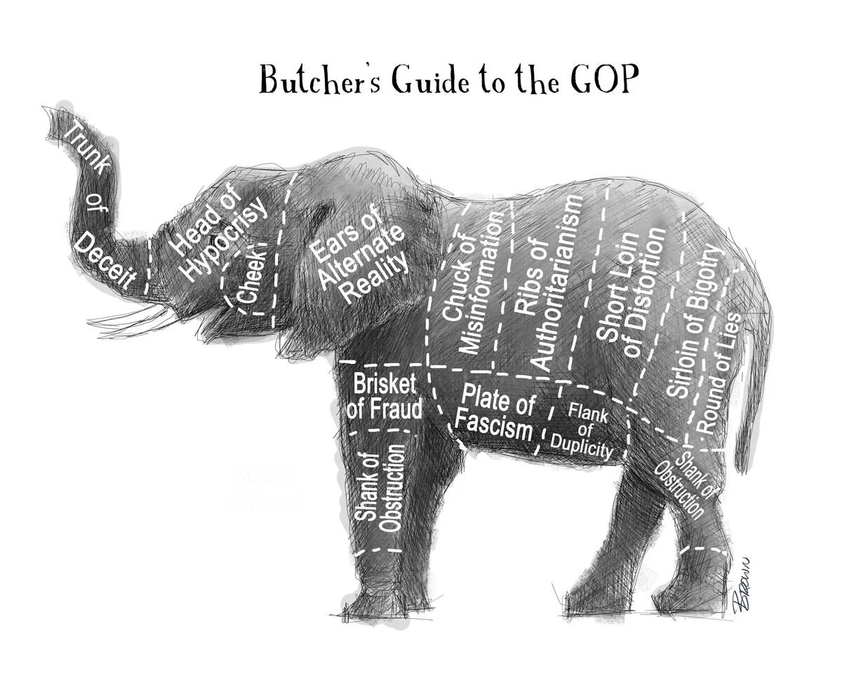 Illustration of an elephant with labeled sections representing traits of the Republican Party, titled 'Butcher's Guide to the GOP.' Labels include 'Trunk of Deceit,' 'Head of Hypocrisy,' 'Ears of Alternate Reality,' 'Chuckle of Misinformation,' 'Ribs