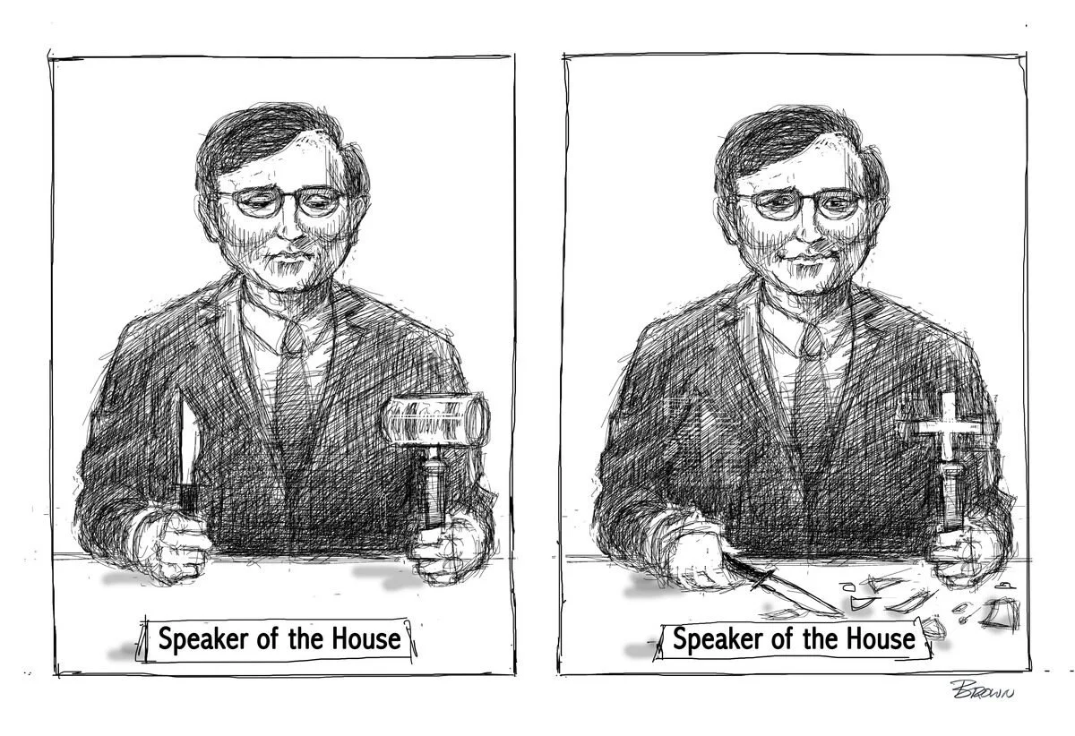 Sketch of two men, both labeled 'Speaker of the House'. The man on the left holds a gavel and a knife, wearing glasses and a suit. The man on the right holds a small cross and a wand, also wearing glasses and a suit, with various objects on the desk 
