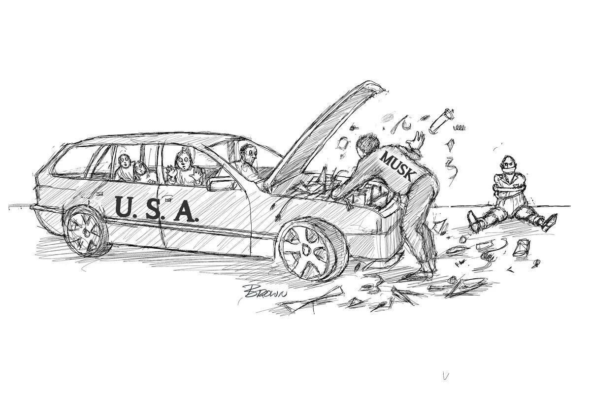 Sketch of a car with 'U.S.A' written on it, being hit by a man labeled 'Musk' crushing the hood, while a person sits on the ground to the side.