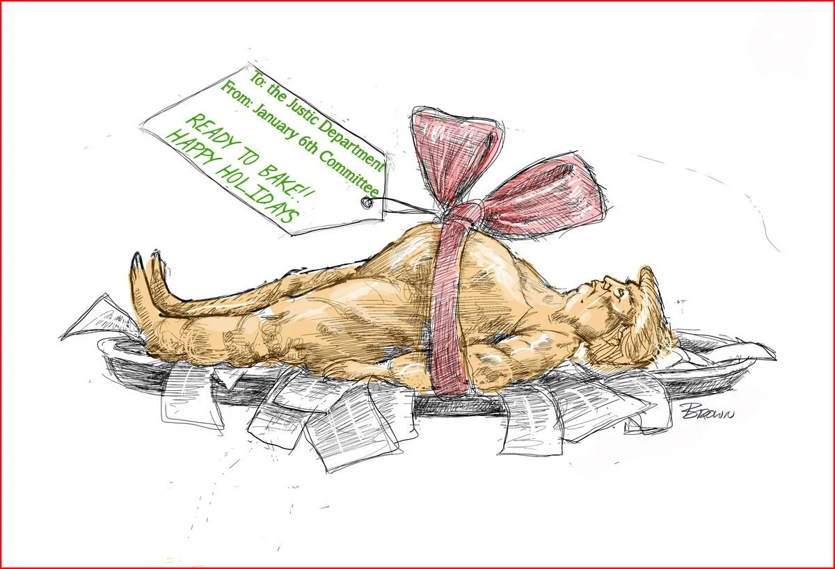 A humorous illustration of a woman lying on her back among scattered papers, with a large pink bow tied around her waist. She is looking upward with a relaxed expression. A note with green handwriting is attached to the bow, wishing happy holidays an