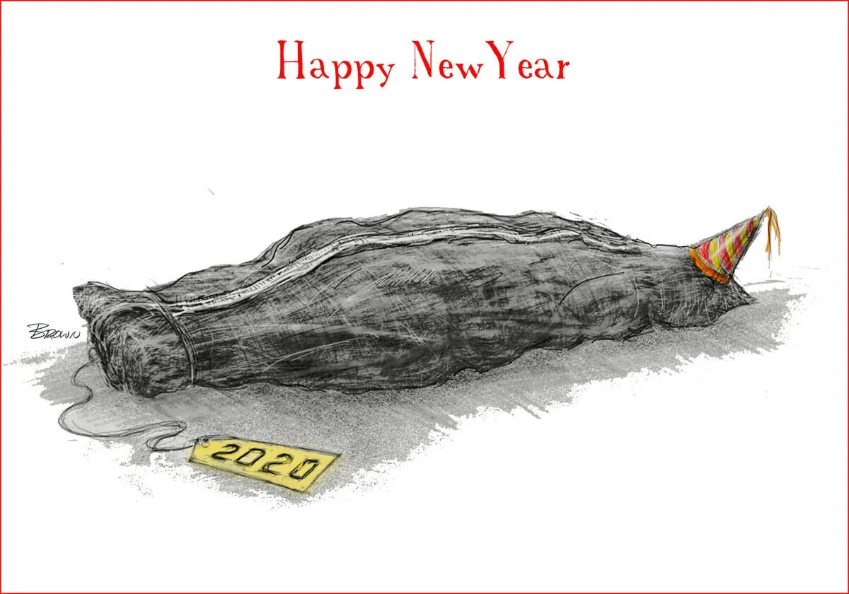 A cartoon illustration of a dead rat wearing a party hat, with a 2020 ID tag around its neck and the words 'Happy New Year' written above.