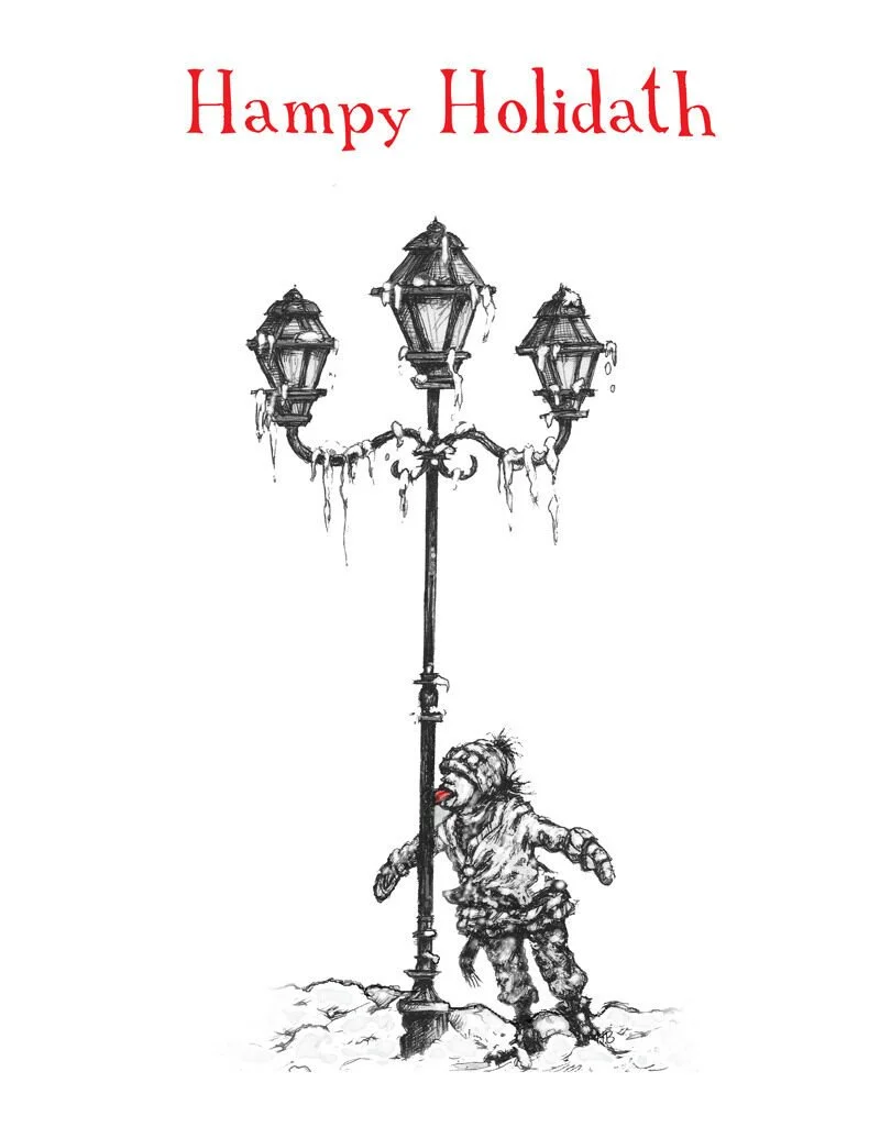 A sketch of a winter scene with a snow-covered streetlamp and a dog with a red tongue standing next to it. The text "Hampy Holidath" is written at the top in red letters.
