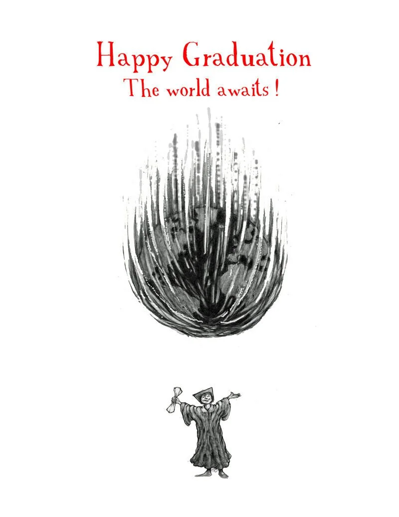 A graduation-themed illustration with a graduation cap-wearing figure holding a diploma, looking up at a large, artistic depiction of a flame or torch, with the text 'Happy Graduation' and 'The world awaits!'