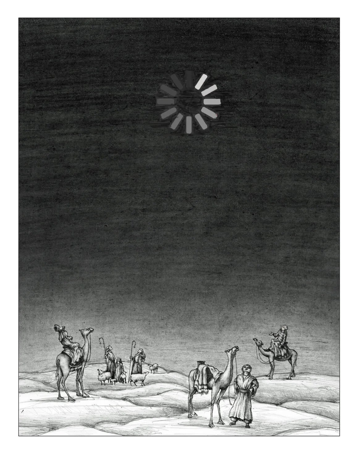 A black and white drawing of a desert scene with camels and travelers, under a dark sky with a large, glowing, circular light in the center.
