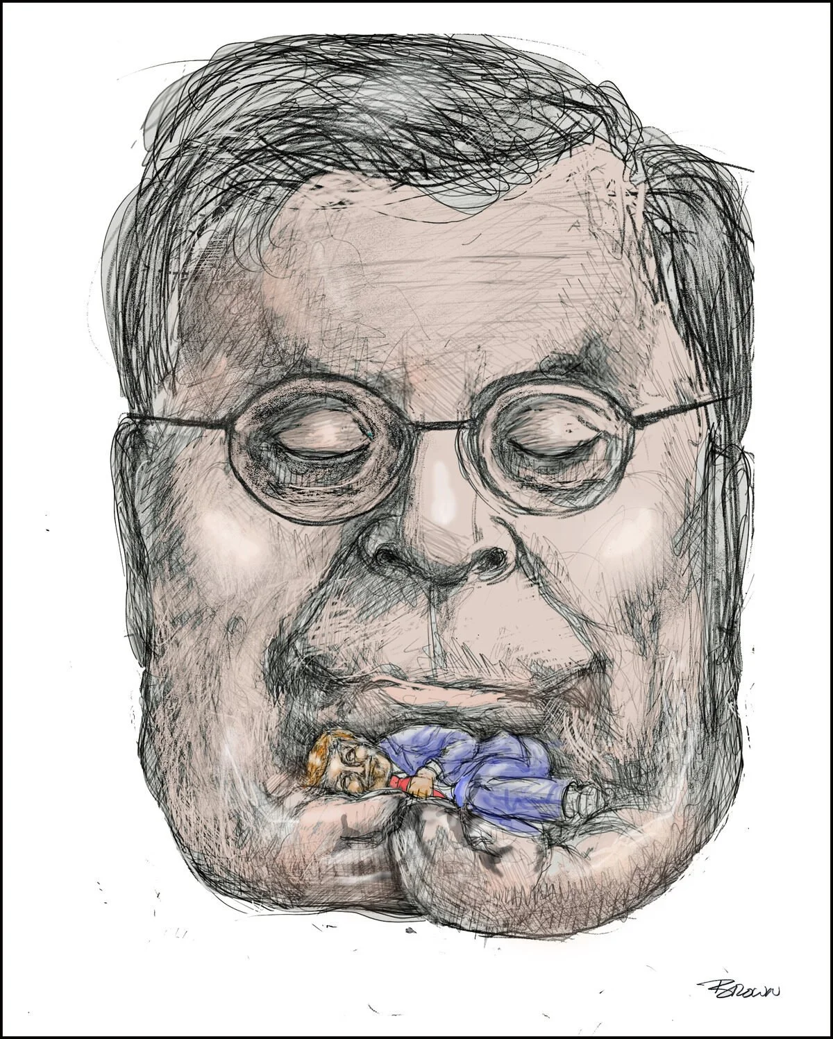 A sketched portrait of a man with glasses, with a small person sleeping on his lips.