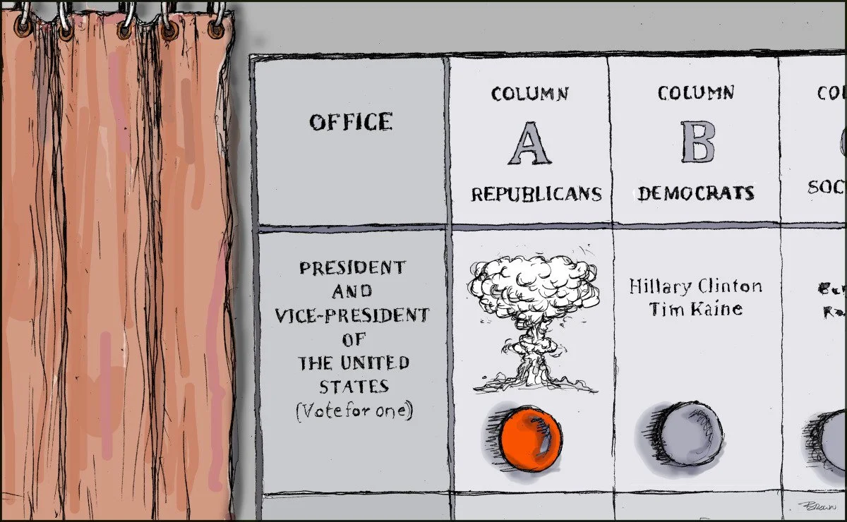 A voting ballot for the presidential and vice-presidential election of the United States, with columns for Republican and Democrat candidates, including Hillary Clinton and Tim Kaine; a cartoonish illustration of a nuclear explosion on the ballot.