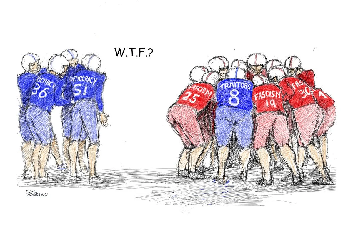 A sketch depicting two opposing groups of football players, one labeled 'Democracy' and the other labeled 'Fascism', with a soldier in the middle labeled 'Traitors.' The group labeled 'Democracy' is on the left, in blue jerseys, while the group label