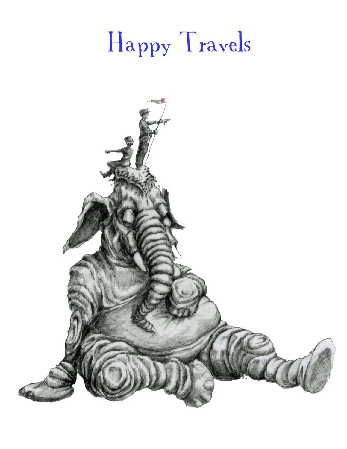 Drawing of a small person with a hat and flag, standing on the head of a large, seated elephant with intricate details. The background is white and at the top, there is blue text that says 'Happy Travels'.
