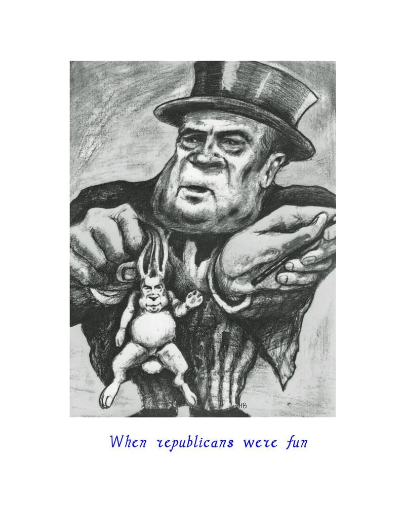 Dark pencil sketch of a large man with a serious expression, wearing a top hat and a dark coat. He is holding a puppet that resembles a clown or jester, with exaggerated features and a big smile, hanging from a string.