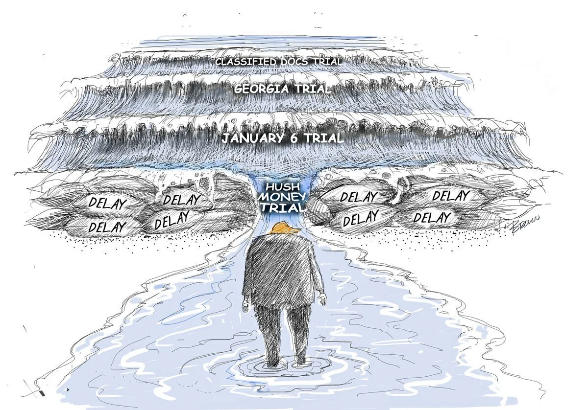 A drawing showing a person standing on the ground, looking up at multiple layers of trials like 'Hush Money Trial', 'January 6 Trial', 'Georgia Trial', and 'Classified Docs Trial'. The person is depicted at the bottom with a pathway leading to the tr