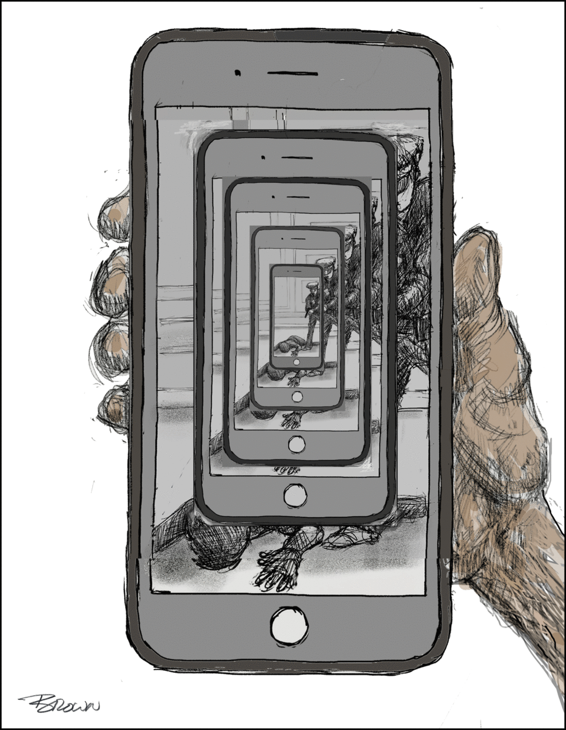 A drawing of a hand holding a smartphone, capturing an image of itself showing a recursive pattern of the same scene, with multiple instances of the phone and hand receding into the distance.